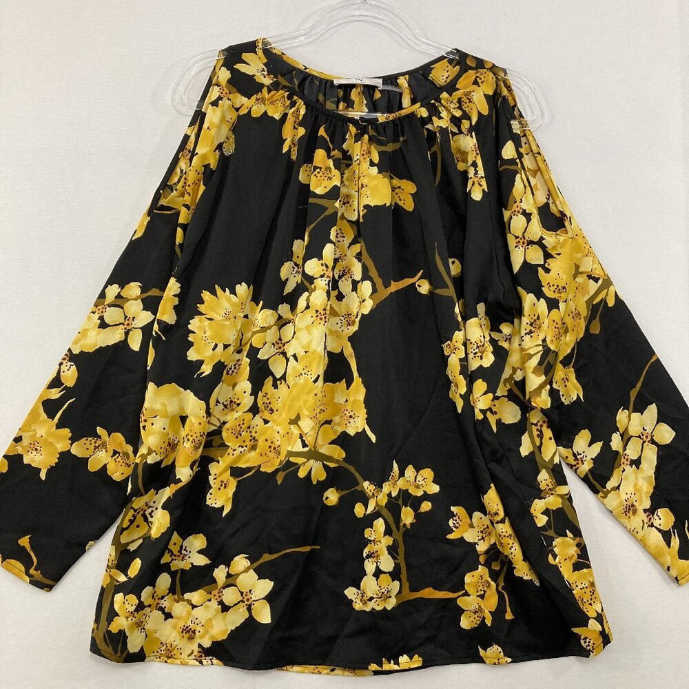 Natori Size Large‎ Black Yellow Floral Relaxed Feminine Cut Out Sleeve Blouse
